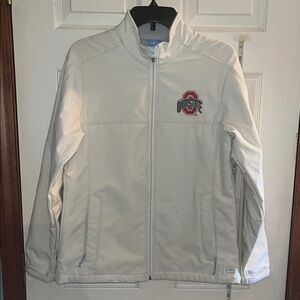 Charles River Apparel Off-White, full zip, jacket with Ohio State buckeye Logo.